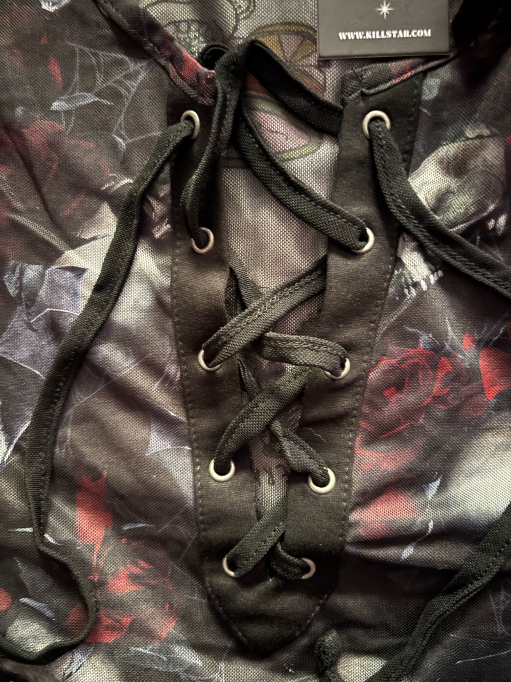 Killstar Black & Red Skull Rose Lace-Up Mesh Bodysuit - Picture 7 of 9